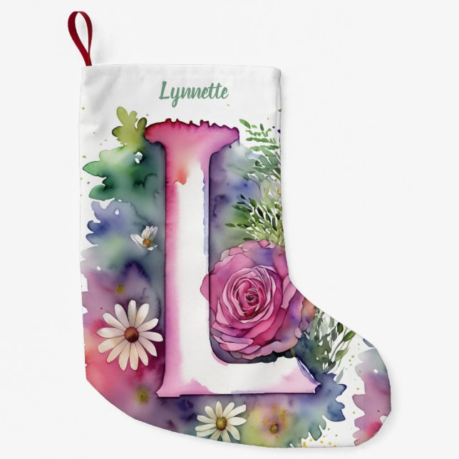 Personalized Floral Monogram Roses and Daisies Small Christmas Stocking (Front)