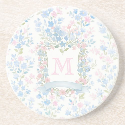 Personalized Floral Monogram Sandstone Coaster