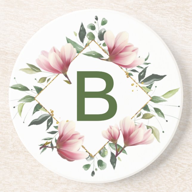 Personalized Floral Monogram Sandstone Coaster (Front)