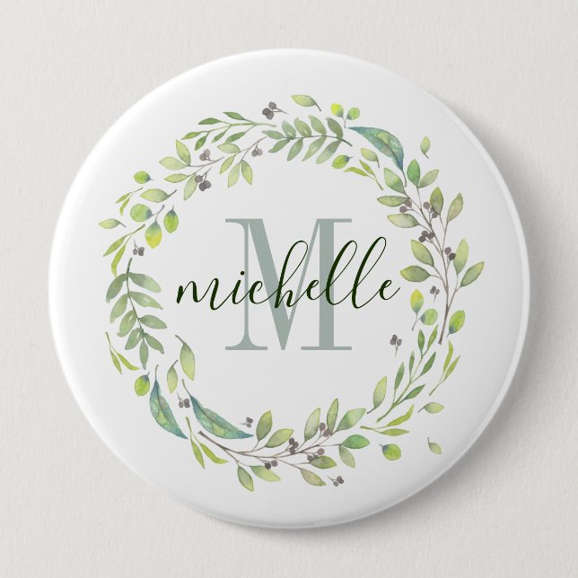 Personalized Floral Monogram Soft Summer Foliage Button (Front)