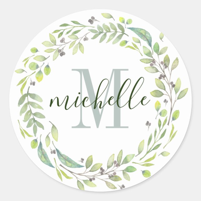 Personalized Floral Monogram Soft Summer Foliage Classic Round Sticker (Front)