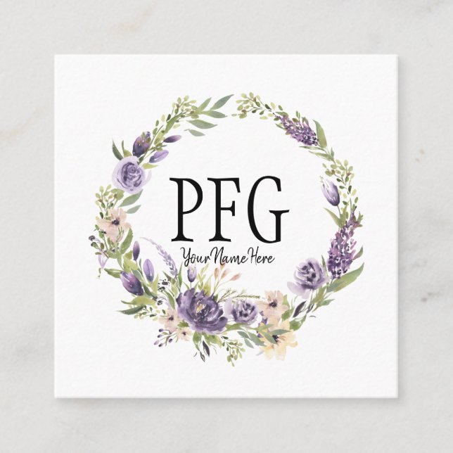 Personalized Floral Monogram Violet Wildflowers Square Business Card (Front)