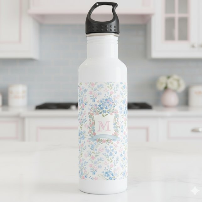 Personalized Floral Monogram Water Bottle (elegant preppy grandmillennial floral monogram personalized water bottle)