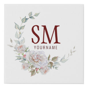Personalized Floral Monogram White Rose Faux Canvas Print