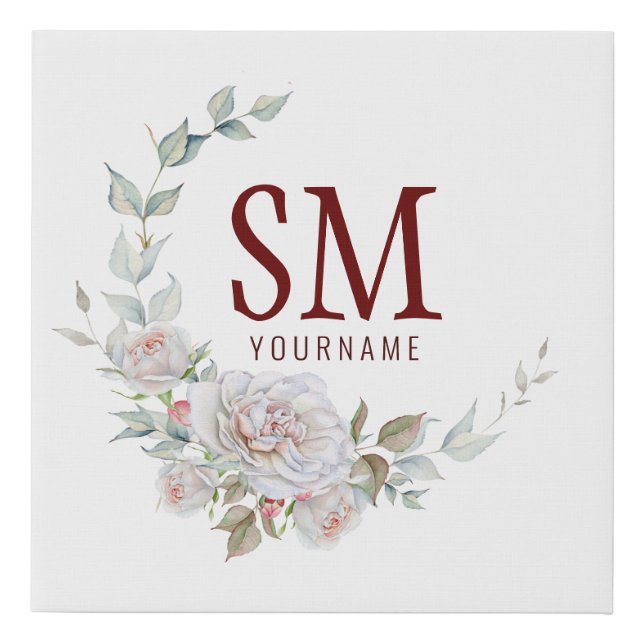 Personalized Floral Monogram White Rose Faux Canvas Print (Front)