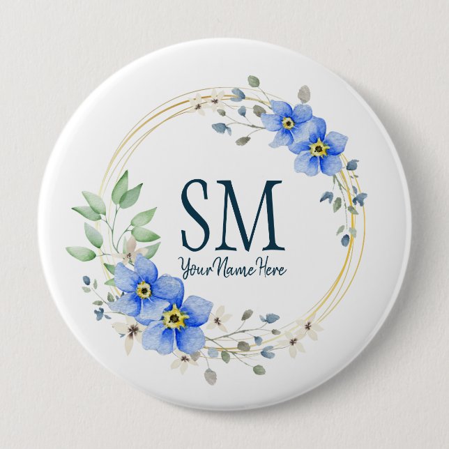 Personalized Floral Monogram Wild Blue Flowers Button (Front)