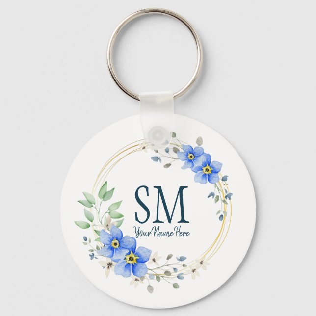Personalized Floral Monogram Wild Blue Flowers Keychain (Front)