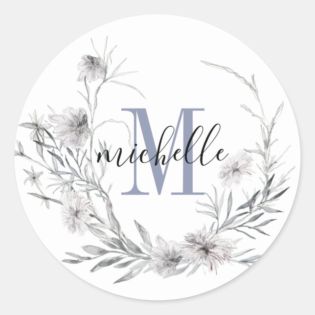 Personalized Floral Monogram Wildflower Foliage Classic Round Sticker (Front)