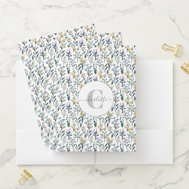 Personalized Floral Monogram Wildflowers Office Pocket Folder (In Situ)