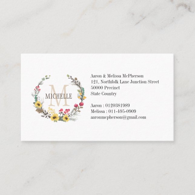 Personalized Floral Monogram Woodland Blossoms Business Card (Front)