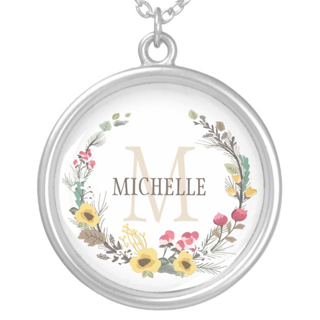 Personalized Floral Monogram Woodland Blossoms Silver Plated Necklace (Front)