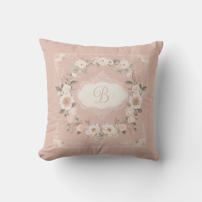 Personalized Floral Monogram Wreath Throw Pillow (Front)