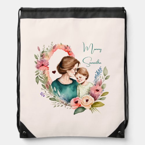Personalized Floral Mother and Daughter Son Drawstring Bag