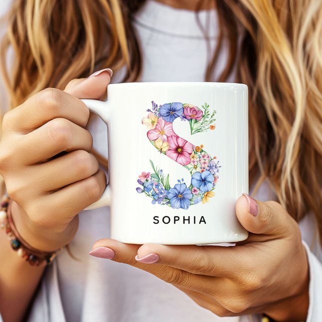 Personalized Floral Mug Bridal Shower Gift for Her (floral alphabet mug gift for her, custom mug birthday gift wife, floral monogram graduation for girl)