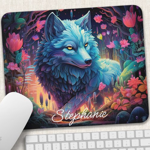 Personalized Floral Mystical Wolf Mouse Pad