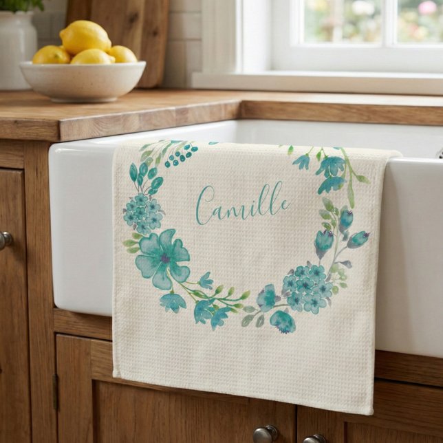 Personalized Floral Name Botanical Wreath Blue Kitchen Towel (Creator Uploaded)