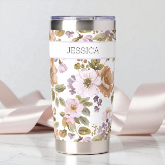 Personalized Floral Name Coffee Lover Travel Insulated Tumbler