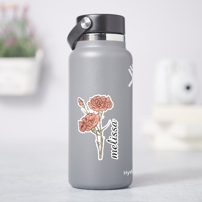 Personalized Floral Name Elegant Custom Carnation  Sticker (HydroFlask)