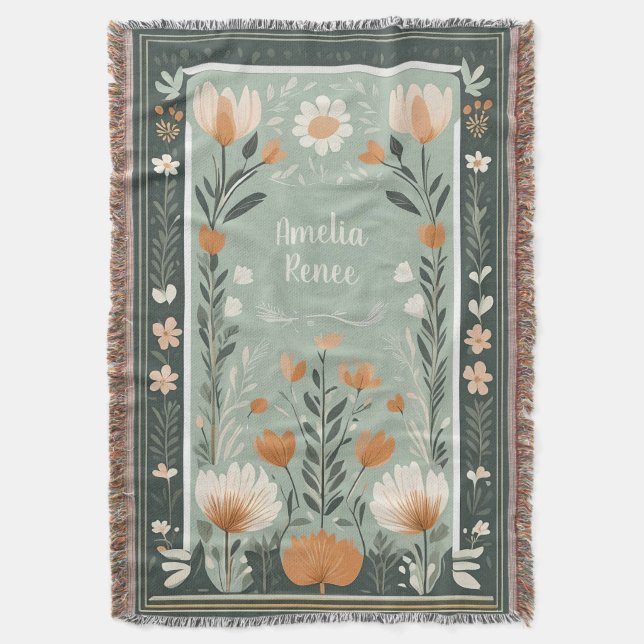 Personalized Floral Name Nursery Art Throw Blanket (Front Vertical)