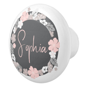 Personalized Floral Name Pink Ceramic Knob