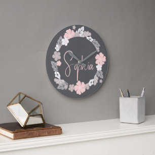 Personalized Floral Name Pink Large Clock
