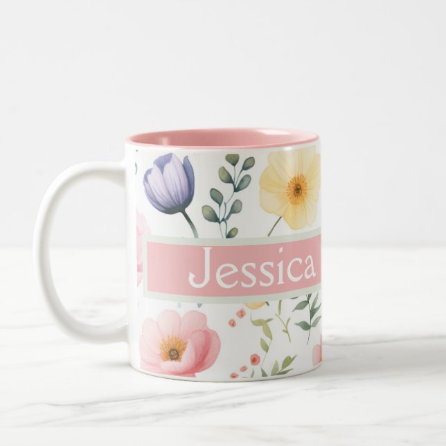 Personalized Floral Name Two-Tone Coffee Mug (Left)