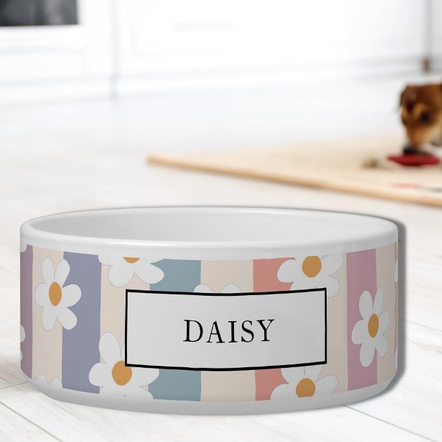 Personalized Floral Pastel Stripes Pet Bowl (Creator Uploaded)