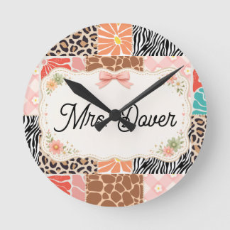 Personalized Floral Patchwork Teacher Round Clock