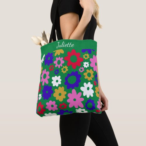 Personalized Floral Pattern Bright Green Flowers Tote Bag