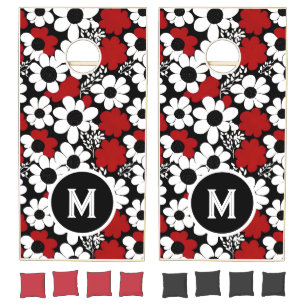 Personalized Floral Pattern in Red, Black, White Cornhole Set