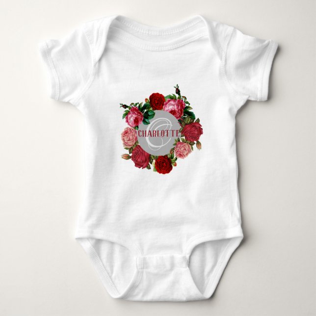Personalized Floral Pattern Monogram Name Baby Bodysuit (Front)