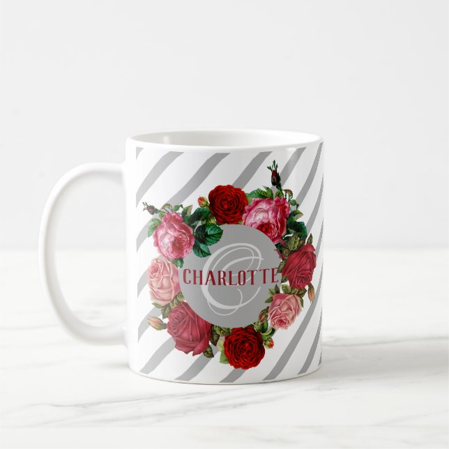 Personalized Floral Pattern Monogram Name Coffee Mug (Left)