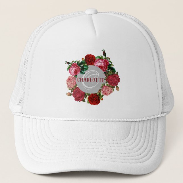 Personalized Floral Pattern Monogram Name Trucker Hat (Front)