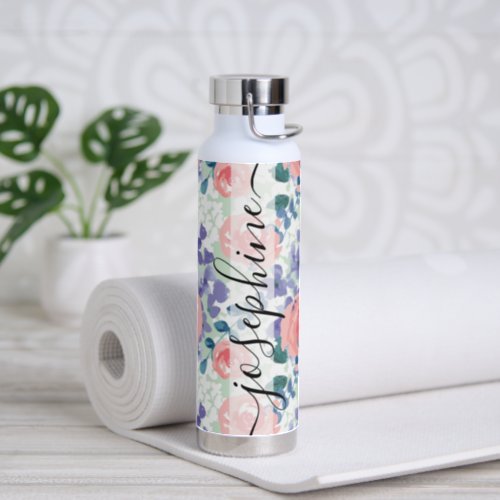 Personalized Floral Pattern Pink Roses Designer Water Bottle