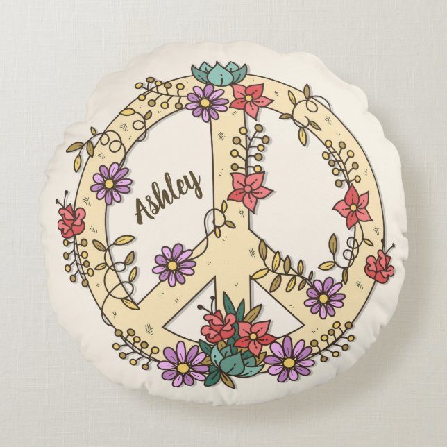 Personalized Floral Peace Sign  Round Pillow (Front)