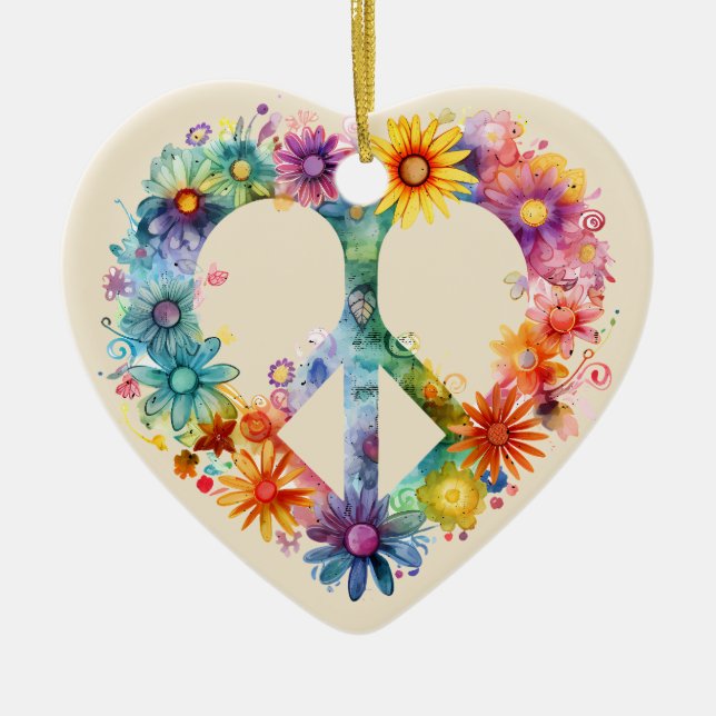 Personalized Floral Peace Symbol Hippie Style Ceramic Ornament (Front)