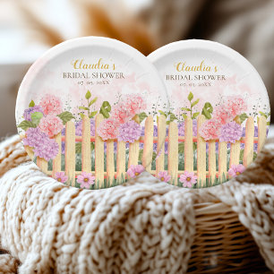Personalized Floral Picket Fence Hydrangea Bridal  Paper Plates