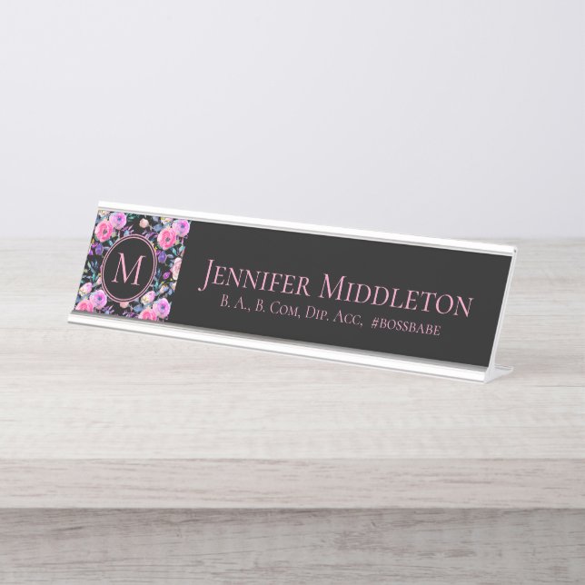Personalized Floral Pink Black Monogram Desk Name Plate (Front)