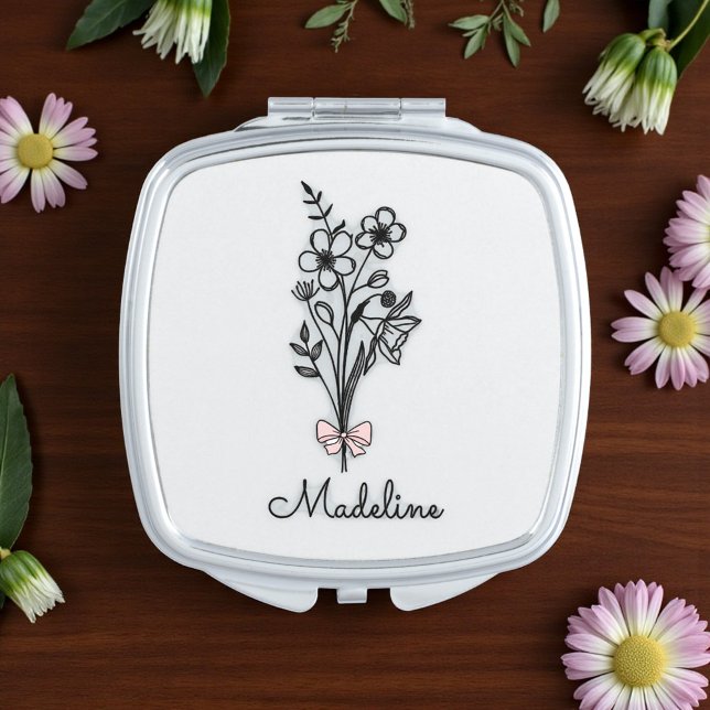 Personalized Floral Pink Bow For Bridesmaid Compact Mirror (Creator Uploaded)