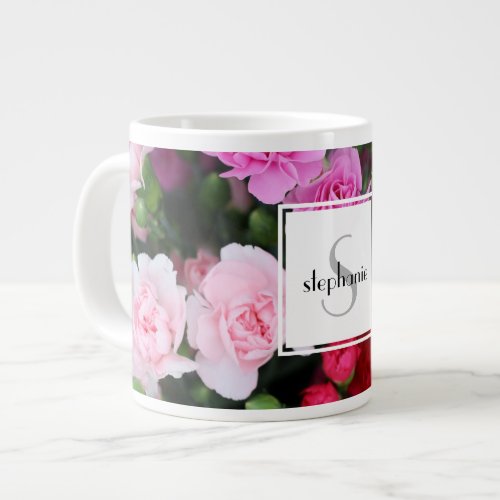 Personalized floral pink carnation w nameinitial giant coffee mug
