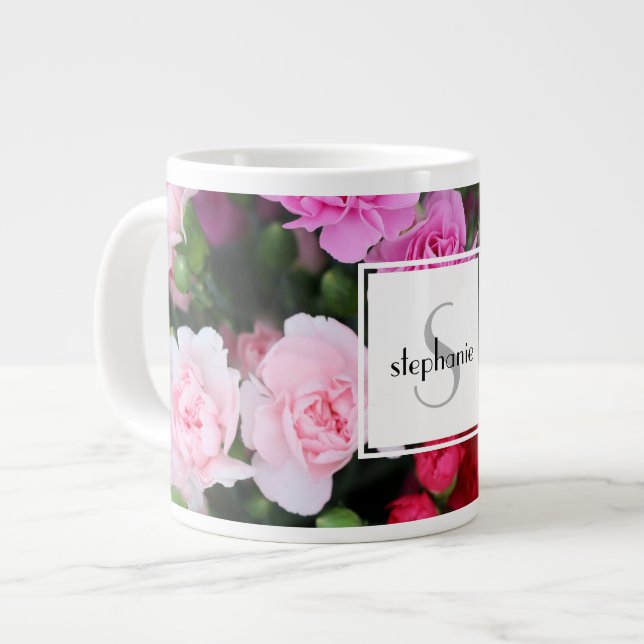 Personalized floral, pink carnation w name/initial giant coffee mug (Front Left)