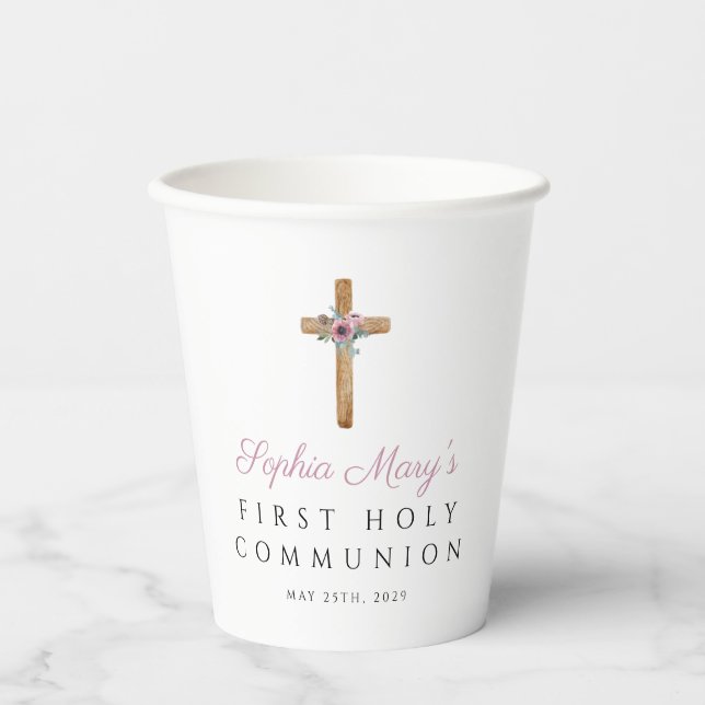 Personalized Floral Pink Cross First Communion  Paper Cups (Front)