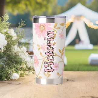 Personalized Floral Pink Flowers & Gold Leaves Insulated Tumbler