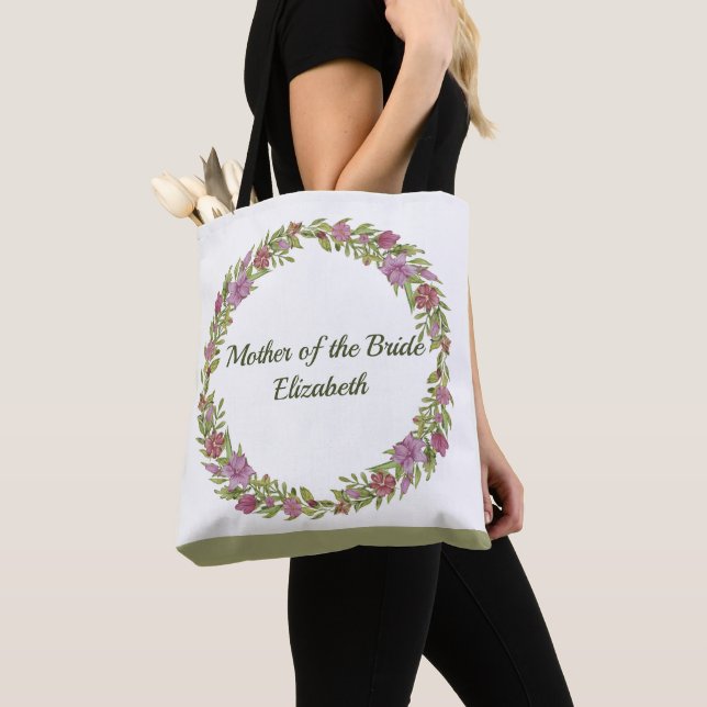 Personalized Floral Pink Green Bridesmaid Tote Bag (Close Up)
