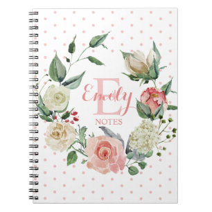Personalized Floral Pink Rose Girl Monogram Name Notebook