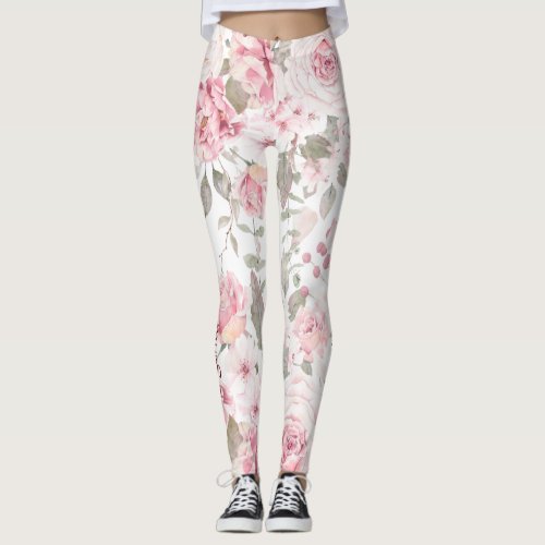 Personalized Floral Pink Sage Rose Cute Workout Leggings