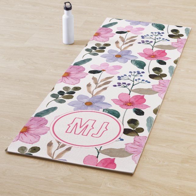 Personalized Floral Pink Script Initials Yoga Mat (In Situ)