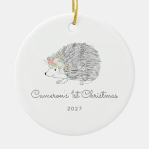 Personalized Floral Porcupine Cute 1st Christmas Ceramic Ornament