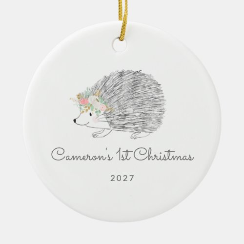 Personalized Floral Porcupine Cute 1st Christmas Ceramic Ornament