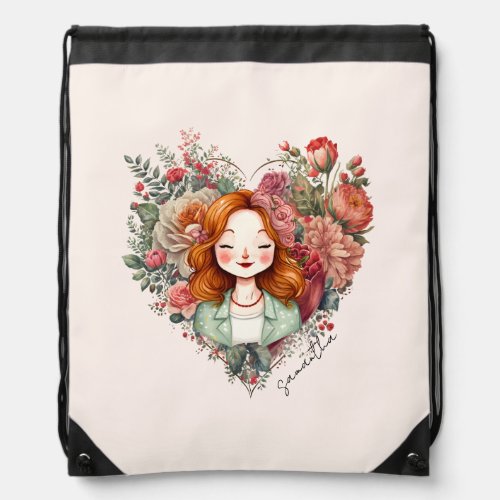 Personalized Floral Pretty Lady Drawstring Bag